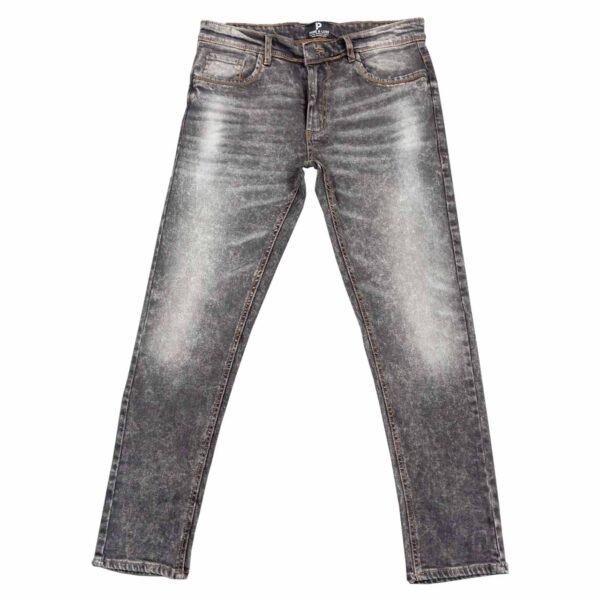 Flat front view of PURE & LUXE Acid Wash Black Jeans, showcasing the trendy design and unique acid wash finish.