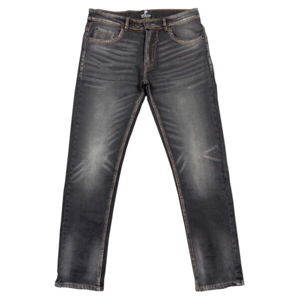 Flat frontside view of PURE & LUXE Classic Black Slim Fit Jeans showcasing the sleek design and premium denim quality.