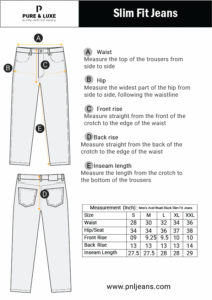 Size chart for Slim Fit Jeans showing waist, length, and hip measurements for various sizes. Let me know if your chart includes additional details (e.g., thigh, rise, in cm or inches), and I can refine it further.