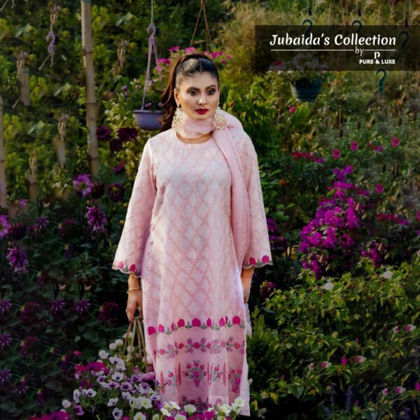 Elegant Floral Embroidery Muslin-Silk 3-Piece Set featuring intricate embroidery, lightweight fabric, and a graceful design for timeless sophistication.