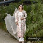 Model wearing Blush Bloom embroidered muslin-silk 3-piece dress in ivory with pink floral designs – Jubaida's Collection