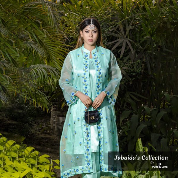 Aqua Muslin-Silk 3-Piece Suit