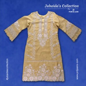 Flat lay front view of Premium Soft Golden Embroidered Silk-Muslin 3-Piece Set for Women, showcasing an elegant embroidered kameez with a silk inner lining and a detailed muslin outer, beautifully arranged for display.
