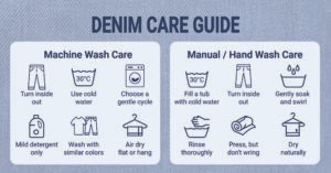 Infographic: Complete denim care guide with machine & manual washing, and drying