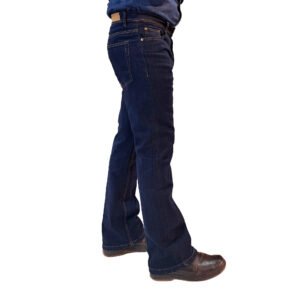 Side profile of Indigo Rinse Bootcut Jeans (P&LM-W26-BC-W02) from PURE & LUXE, showcasing the dark blue denim, tailored bootcut fit from the knee down, and tonal stitching against a plain white background.