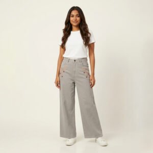 Full View of Modern street-style look featuring high-waisted Floral Baggy Jeans with white sneakers.