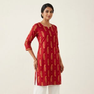 Full Front View of Maroon Short Kurti with Gold Paisley Print and Notched Neckline by PURE & LUXE