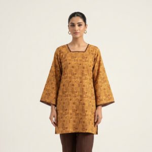Front View of Mustard Geometric Print Short Kurti with Bell Sleeves by PURE & LUXE Designer Collection
