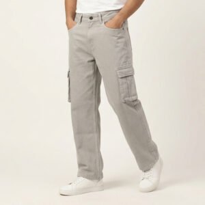 Front view of PURE & LUXE Premium Ash Cargo Fit Jeans showcasing reinforced tactical pockets, heavy-duty stitching, and a structured relaxed fit.