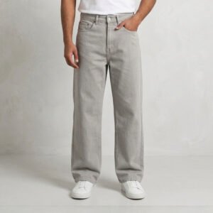 Half model view of Premium PURE & LUXE Ash Grey Baggy Fit Jeans for men featuring a wide-leg urban silhouette