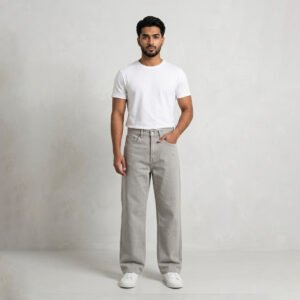 Full model view of Premium PURE & LUXE Ash Grey Baggy Fit Jeans for men featuring a wide-leg urban silhouette