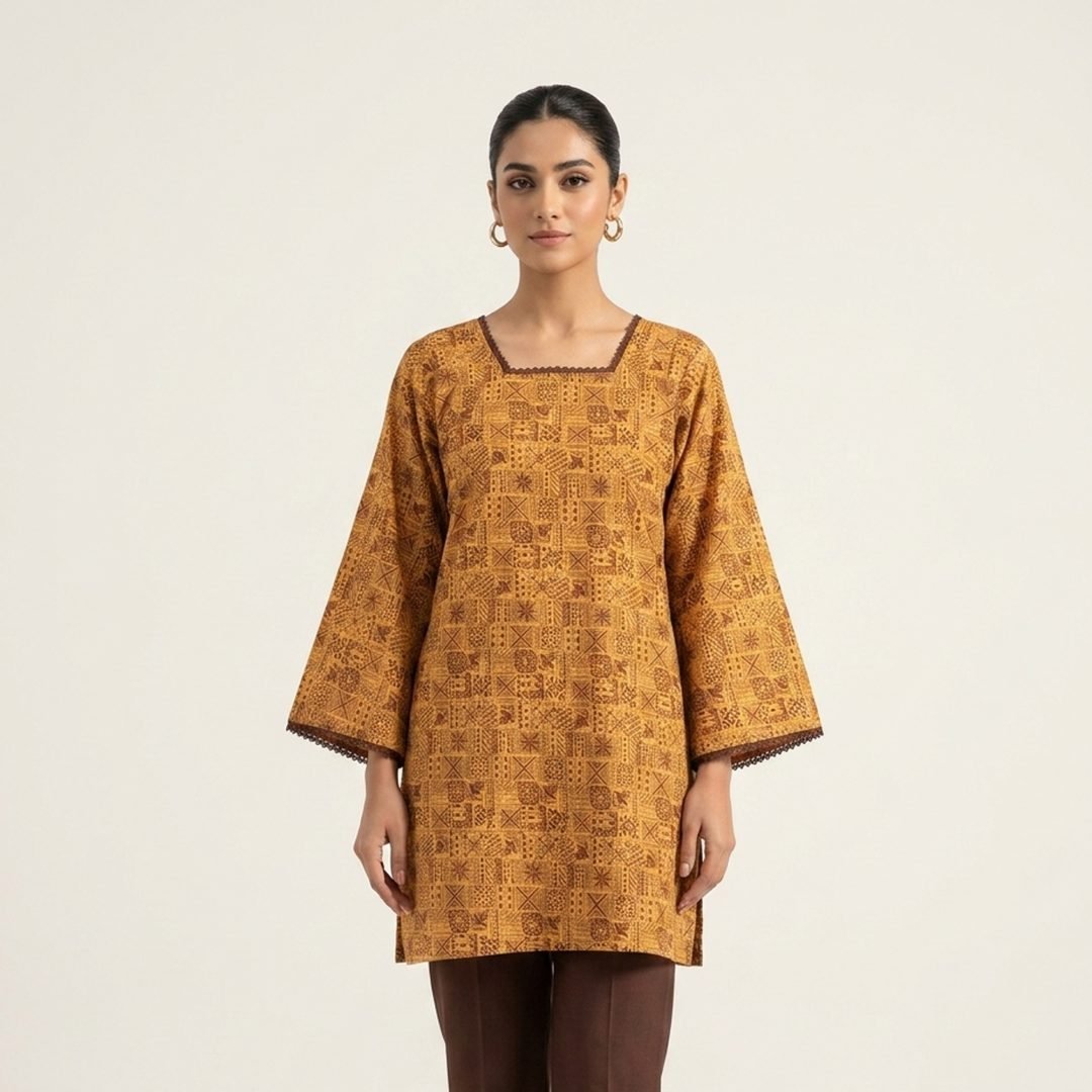 Front View of Mustard Geometric Print Short Kurti with Bell Sleeves by PURE & LUXE Designer Collection
